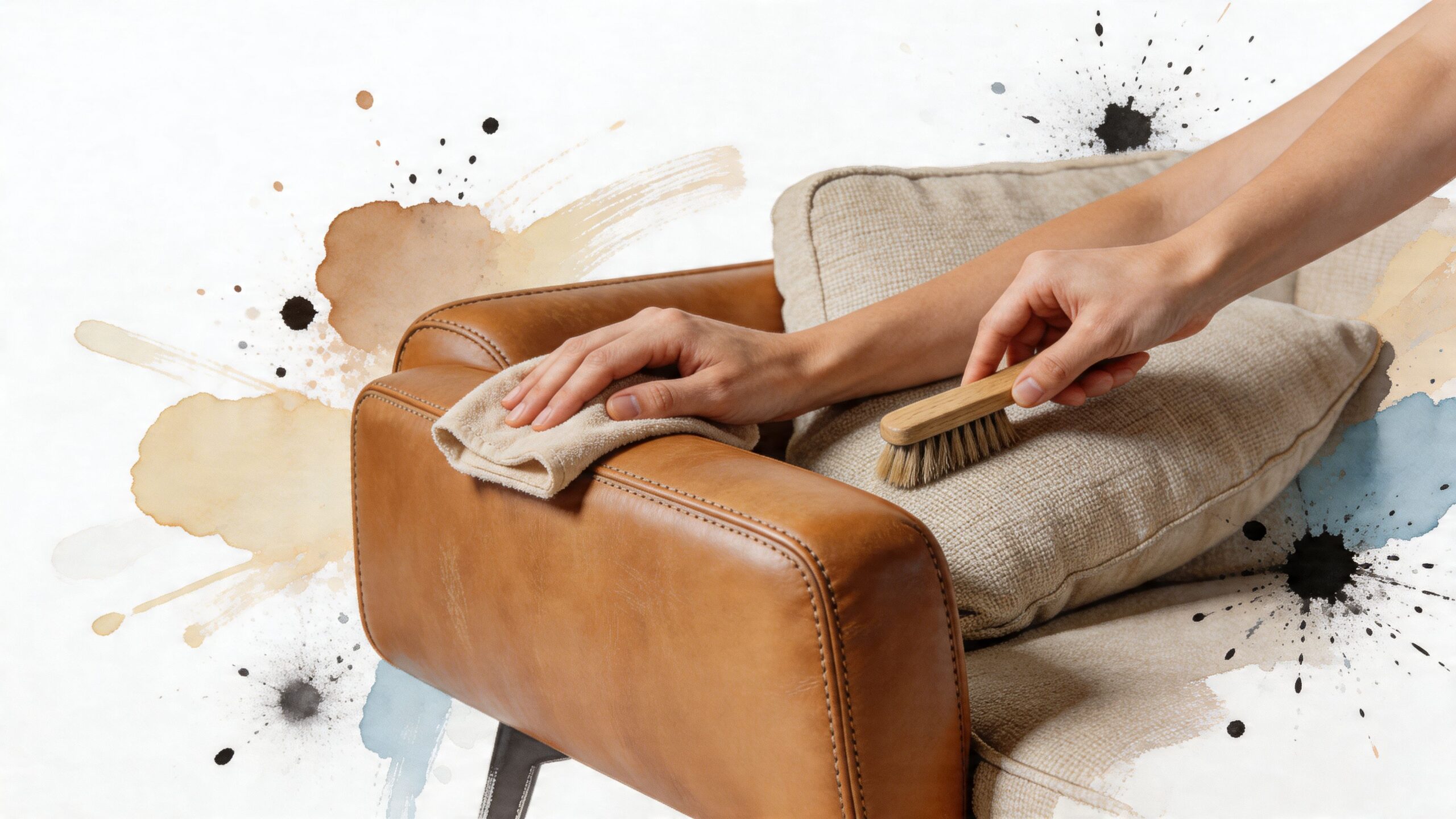 Een persoon reinigt zorgvuldig een tweedehands design bank met een doek en een kleine borstel voor onderhoud.