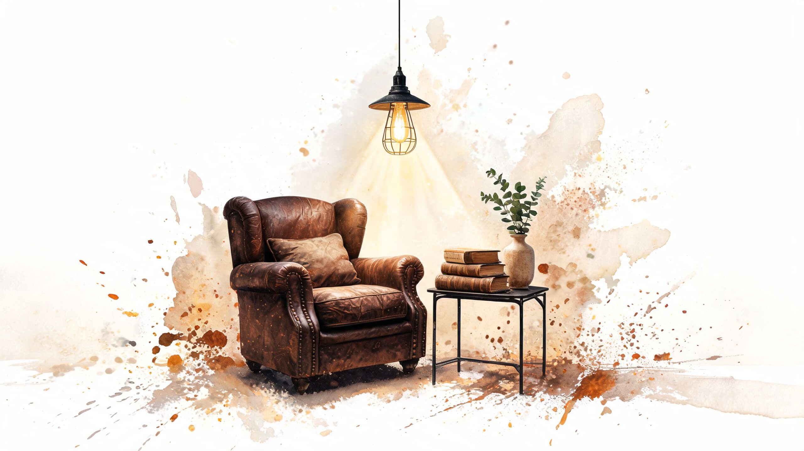 Een comfortabele bruine leren fauteuil naast een bijzettafel met boeken en een plant onder een hanglamp.